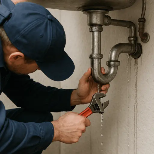 Un plombier qui répare une fuite sous un évier