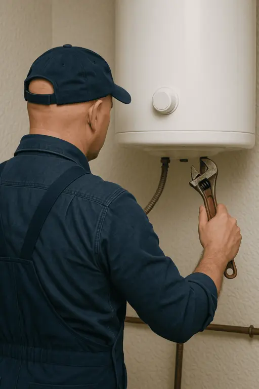 Un plombier de dos qui vérifie l'installation d'un chauffe-eau